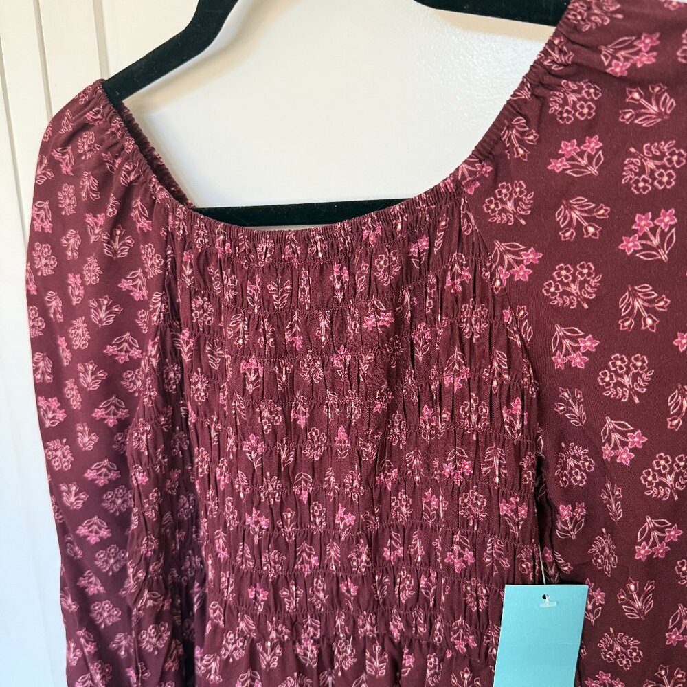 NWT Market & Spruce Caren Smocked Dress Burgundy Sz 12 Floral
